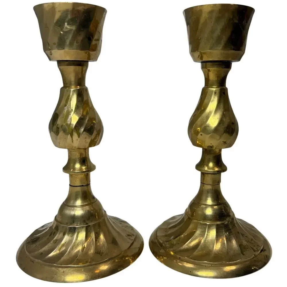 Vintage 80s Gold Brass Candlestick Holders Set of 2 Made in India 7.25
